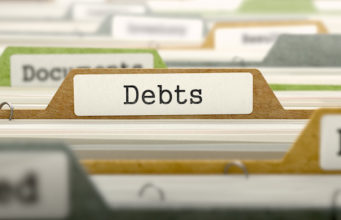 Debts - Folder Register Name in Directory. Colored, Blurred Image. Closeup View. 3D Render.
