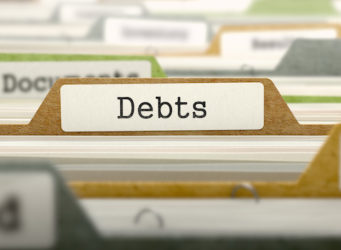 Debts - Folder Register Name in Directory. Colored, Blurred Image. Closeup View. 3D Render.